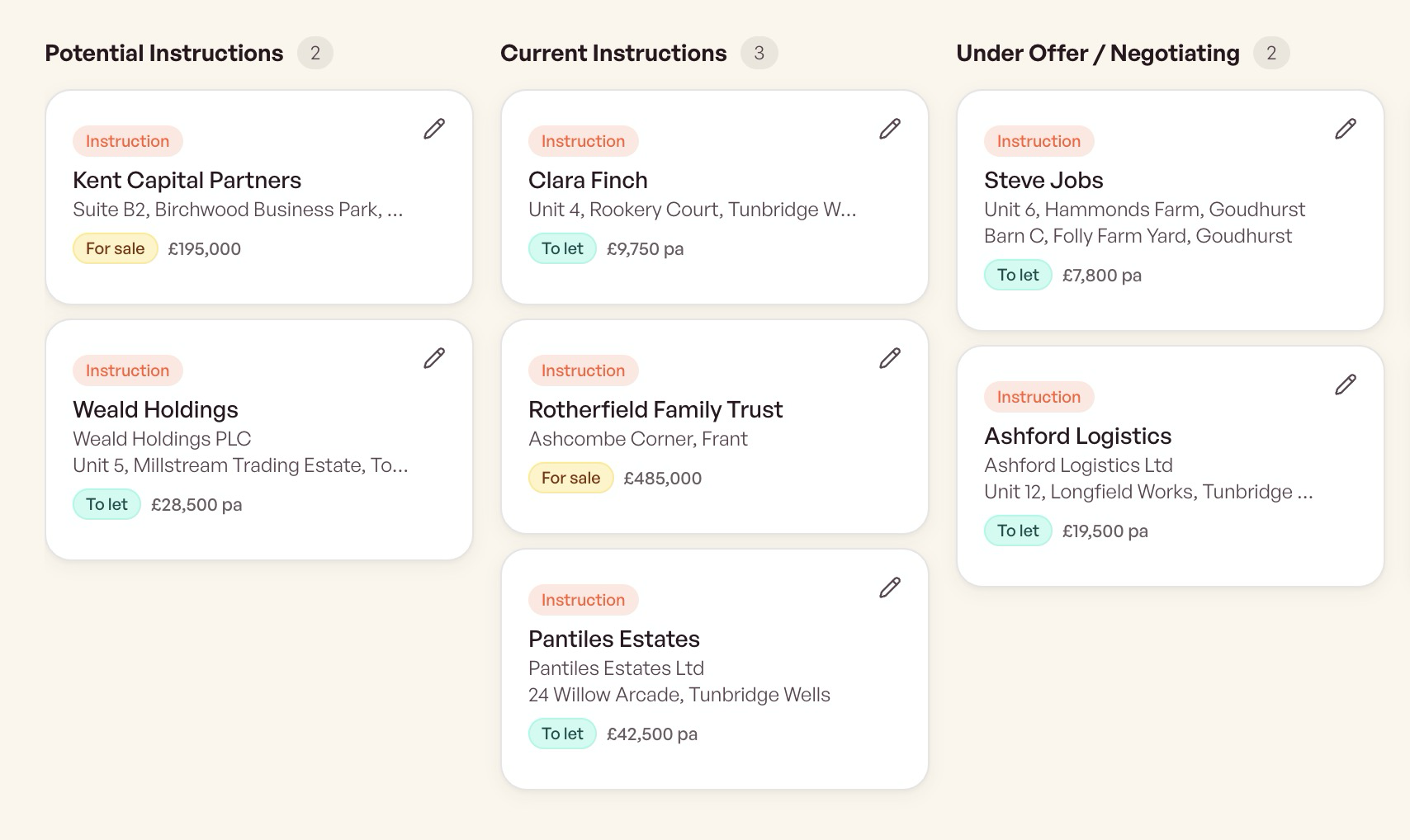 Commercial WIP board with Potential, Current, and Under Offer columns
